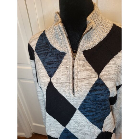 Men Gray/Teal Argyle 1/4 Zip Sweater Carbon L Preppy Retro Academia Church - Picture 5 of 8